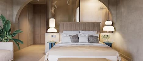 Un dormitorio moderno con una cama grande, dos mesitas de noche, un ventilador de techo y un ventanal con persianas.