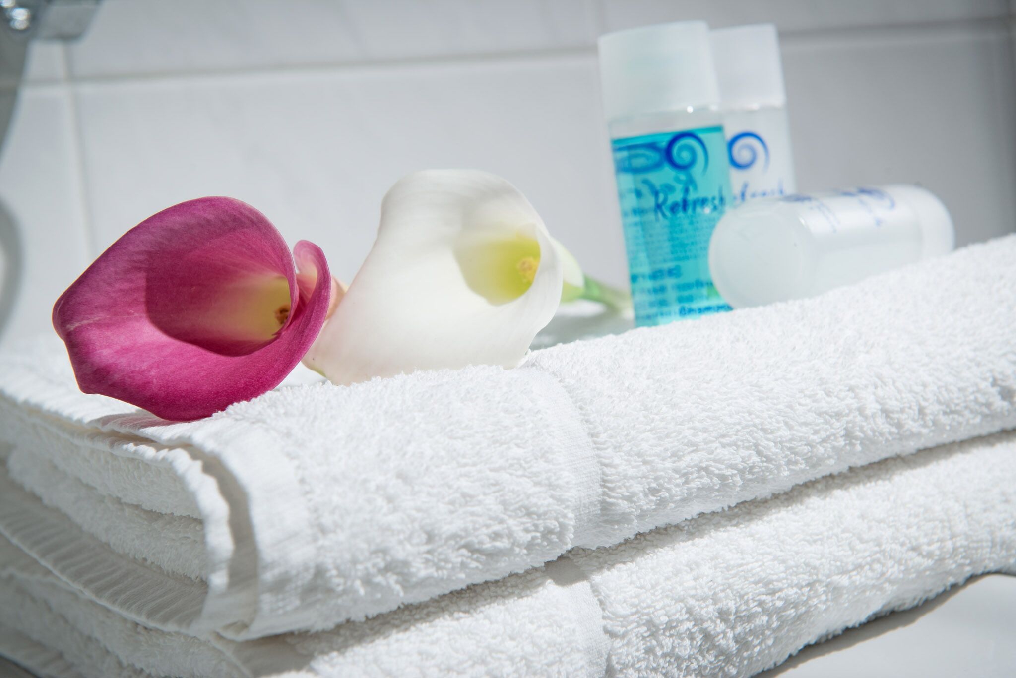 standard double room | bathroom | shower, rainfall showerhead, hair dryer, towels