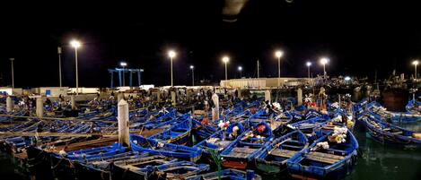 A marina at night with numerous boats docked.