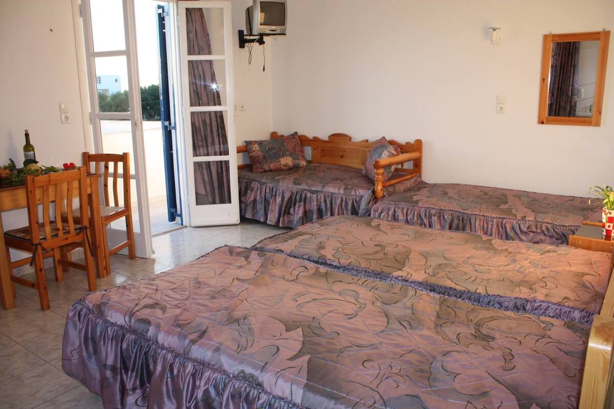 A bedroom with two beds, a wooden chair, a small table, and a television.