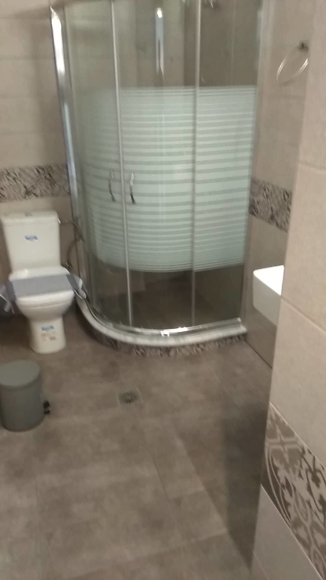 A bathroom with a glass-enclosed shower, a toilet, and a sink.