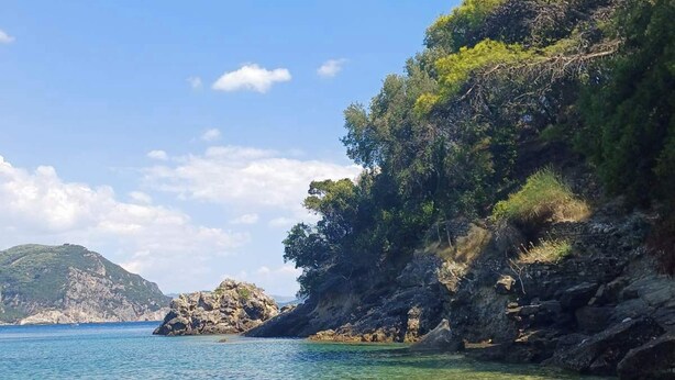A rocky shoreline with clear water, pebbles, and greenery. - Christina Studios & Apartments (Parga)