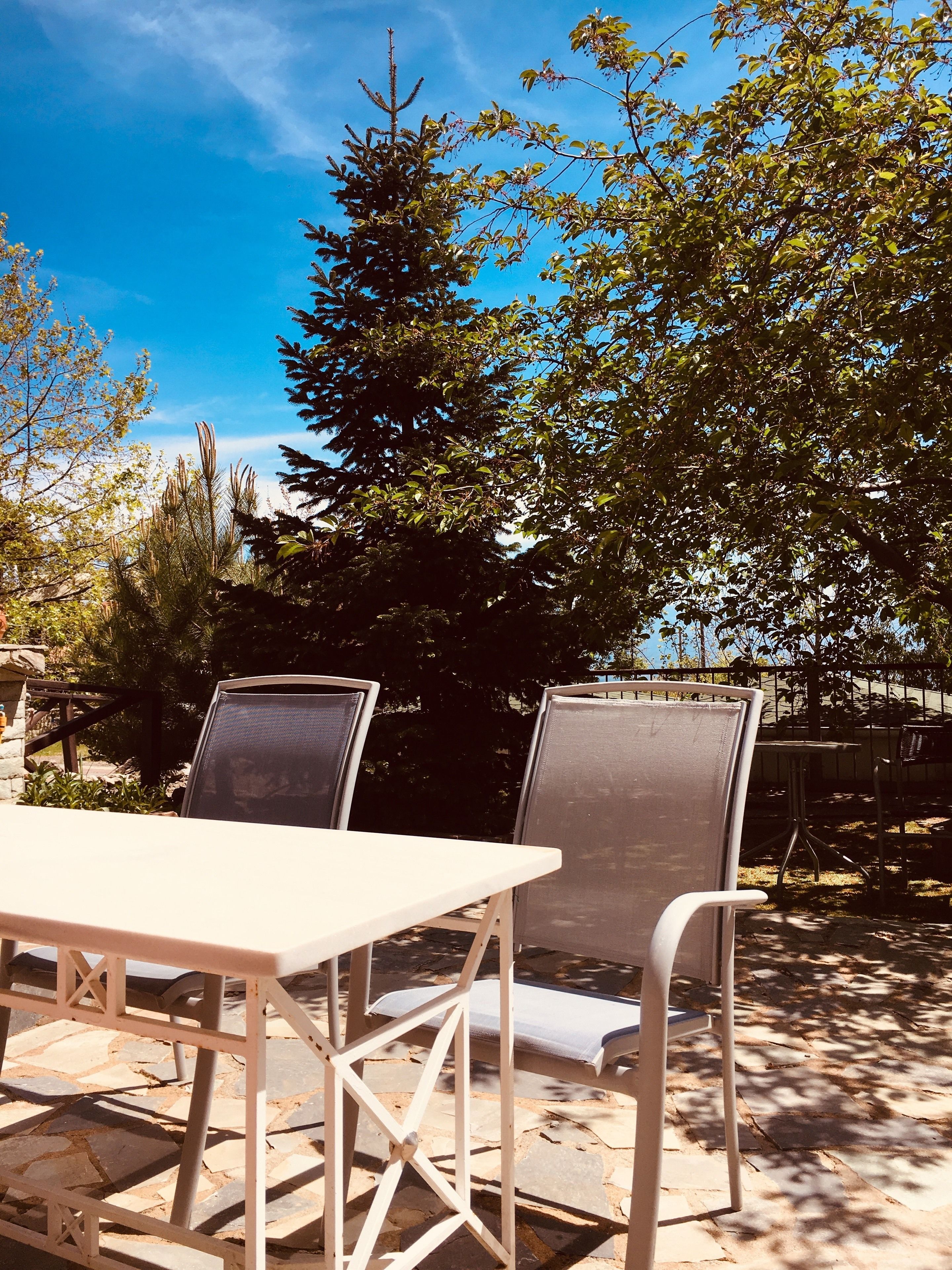Eine Außenpatio mit Tisch und zwei Stühlen, umgeben von Bäumen und einem Steinboden.