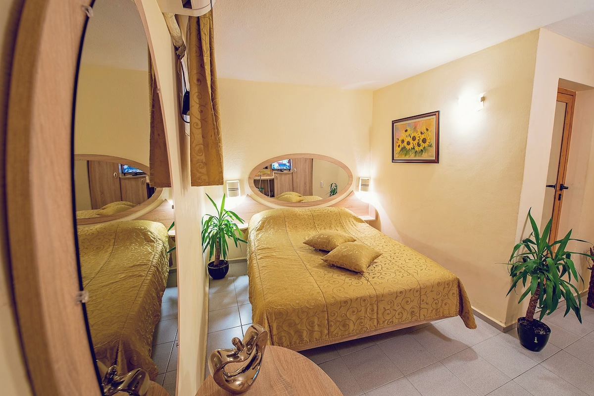 Un dormitorio con cama, dos mesitas de noche, un espejo, una planta en maceta y un cuadro en la pared.