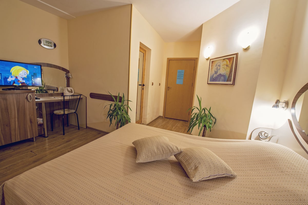 A hotel room with a bed, a desk, a chair, and a television.