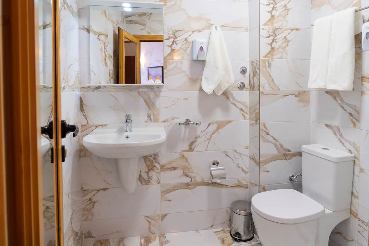 A bathroom with a marble backsplash, a sink, a toilet, and a mirror.