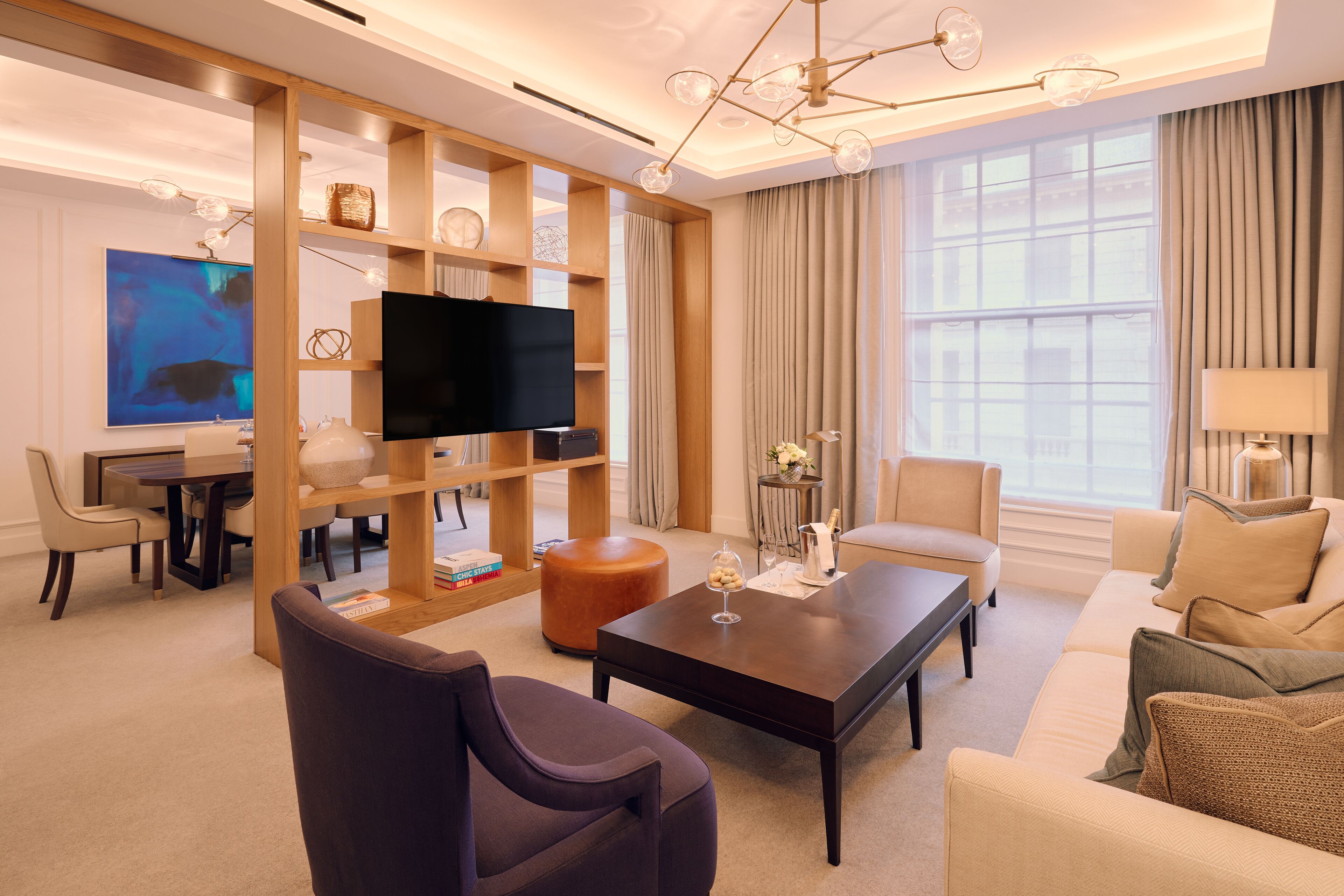 A modern living room with a flat-screen TV, comfortable seating, a coffee table, and a bookshelf.