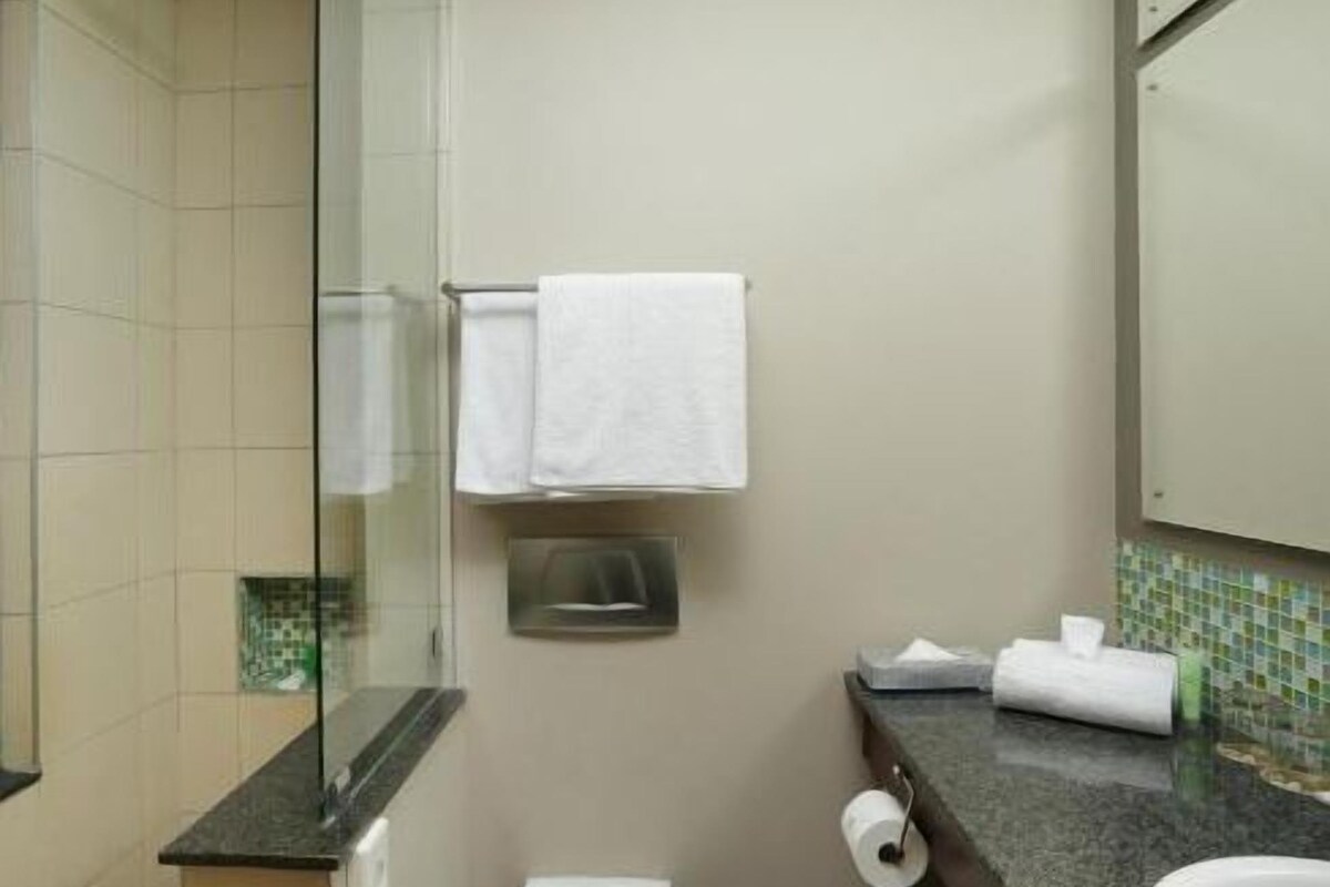A bathroom with a toilet, a sink, a mirror, and a towel rack with two towels.