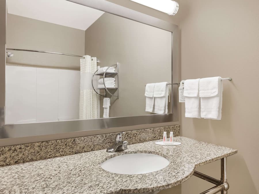 Combined shower/tub, free toiletries, hair dryer, towels