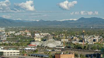 A cityscape with a roller coaster, buildings, and mountains in the background.