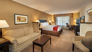 Quarto de hotel com uma cama, dois sofás, uma mesa de centro, uma escrivaninha com um computador e uma televisão.