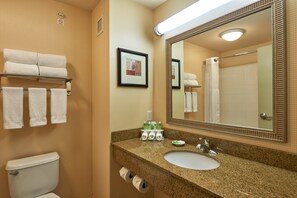 Un bagno con il water, un lavandino e uno specchio. Asciugamani su un portasciuga e un quadro appeso al muro.