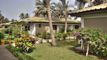A residential area with a house, palm trees, and well-maintained gardens.