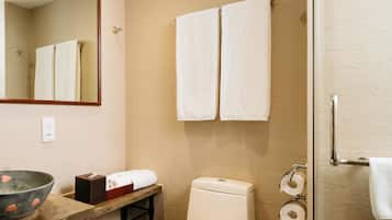 Un baño con inodoro, lavabo, espejo, dos toallas colgadas en la pared y un cubo de basura.