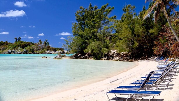 Una playa con agua turquesa cristalina, arena blanca y filas de sillas azules.