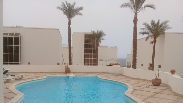 A swimming pool with a tiled deck, surrounded by white walls and palm trees. - Carlton Luxury Resort (Sharm El Sheikh)