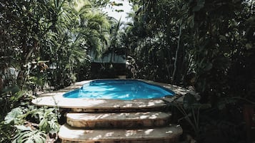 Una piscina al aire libre, sombrillas