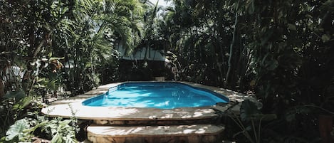 Una piscina al aire libre, sombrillas