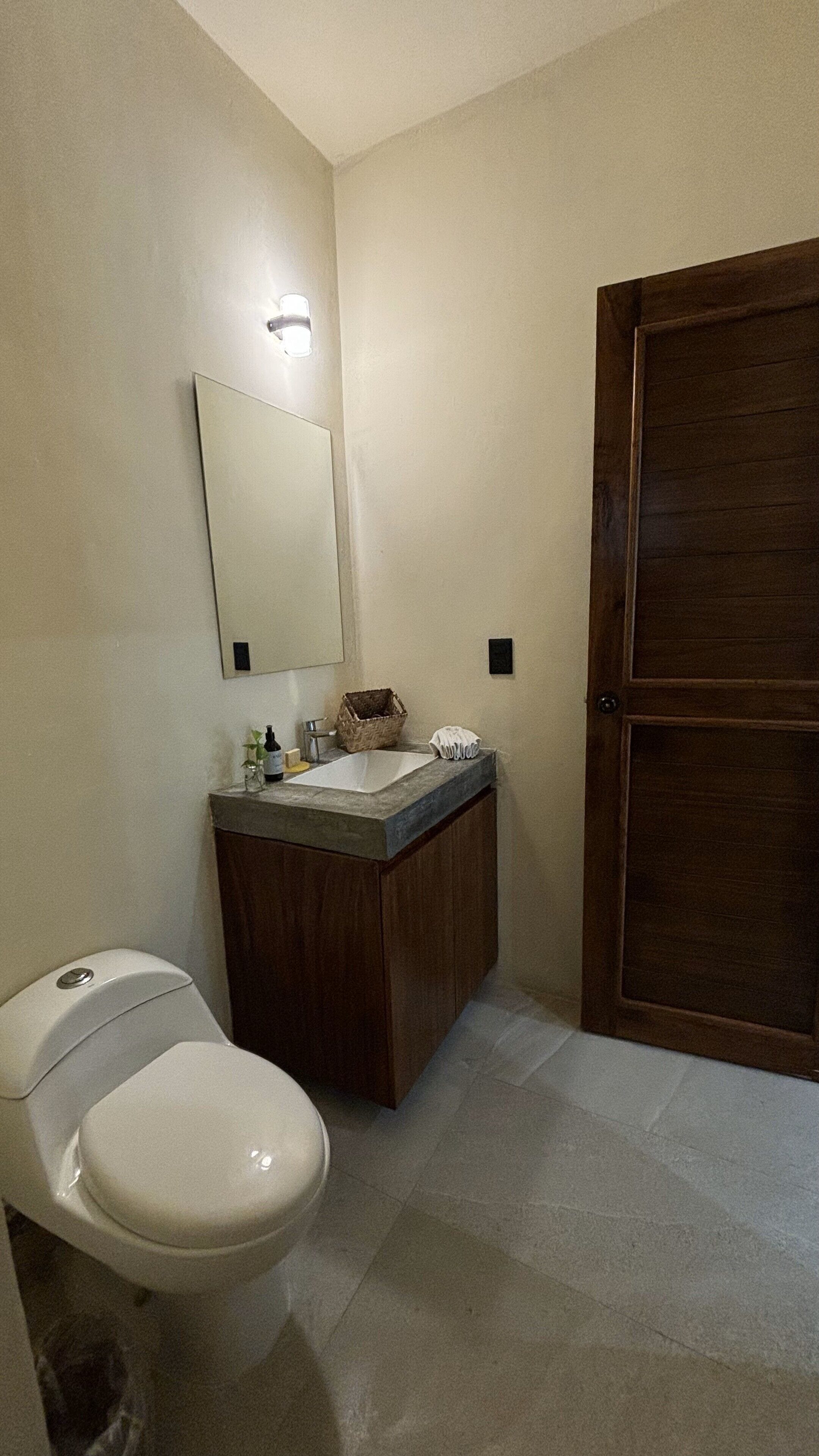 A bathroom with a toilet, a sink with a mirror above it, and a wooden door.