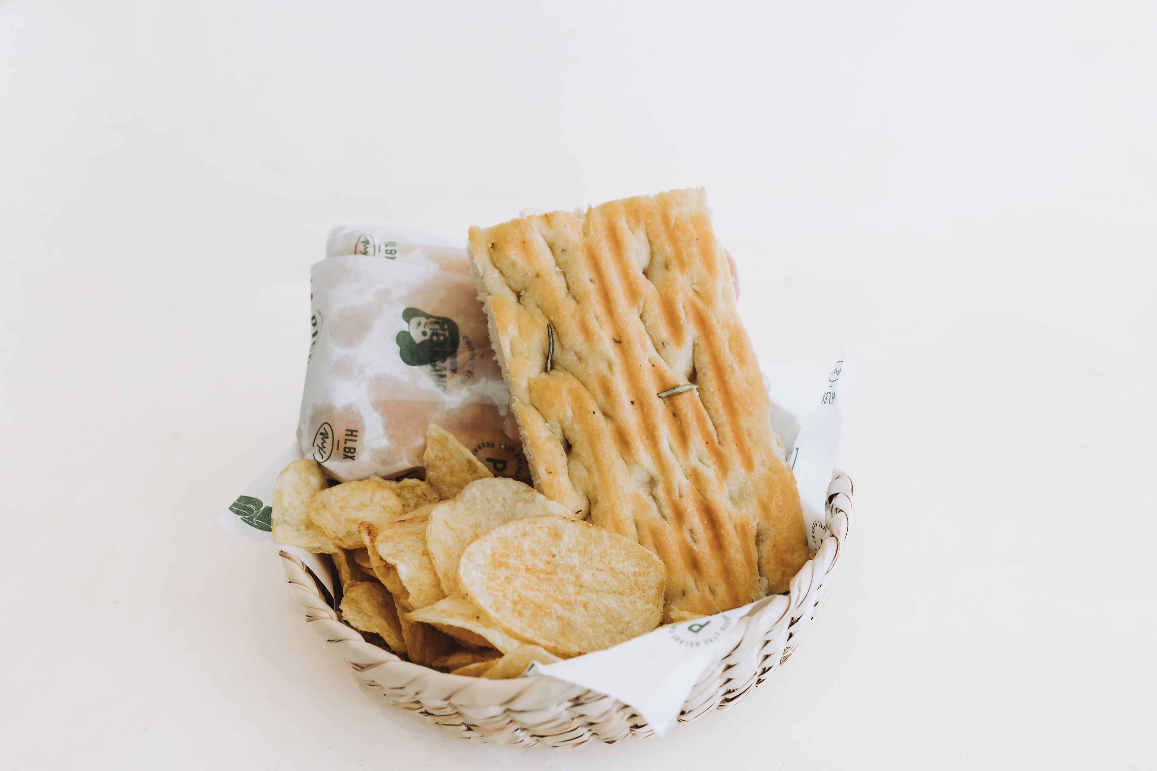 Un panier contenant du pain plat et des chips.