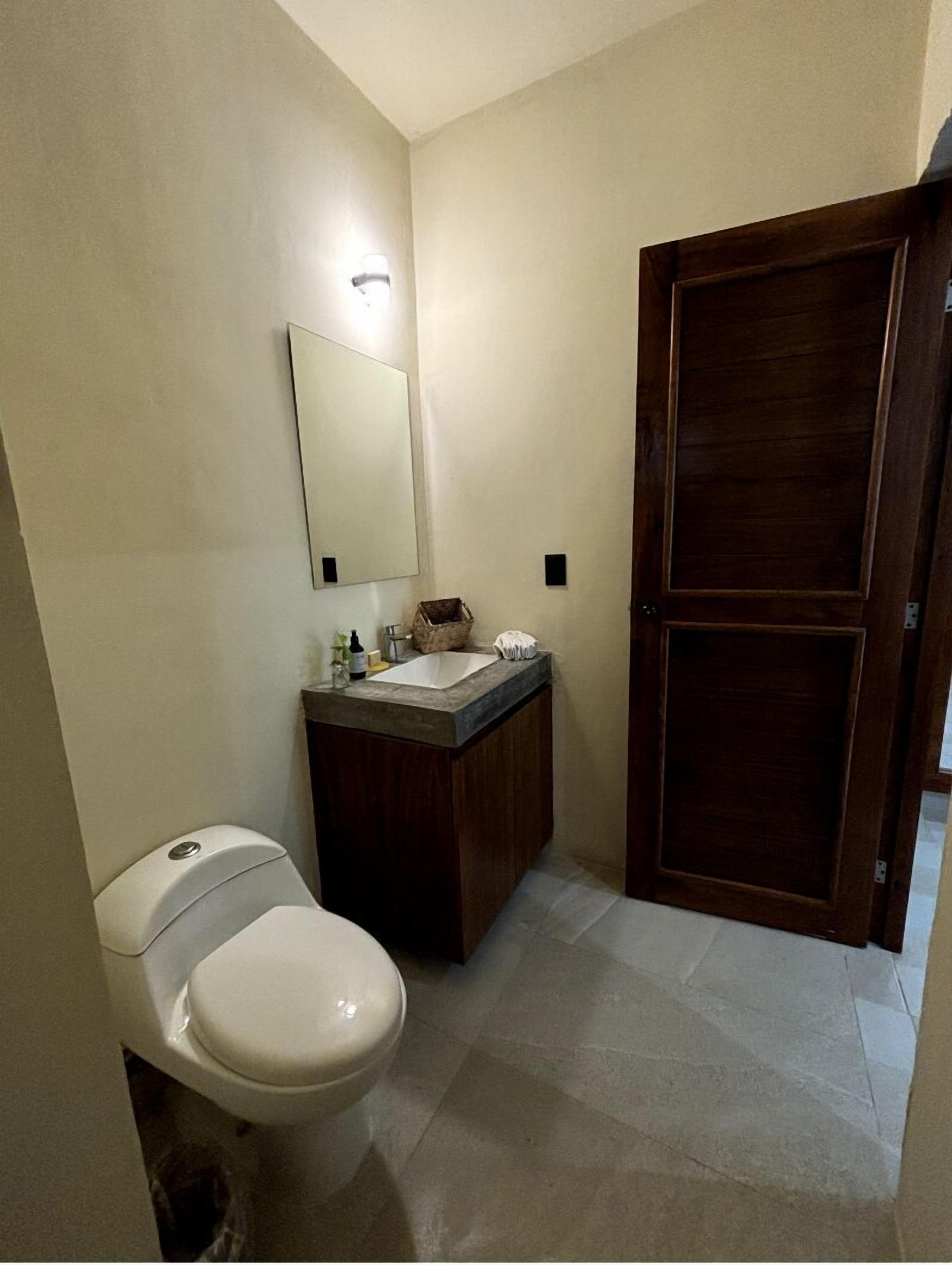 A bathroom with a toilet, sink, mirror, and wooden door.