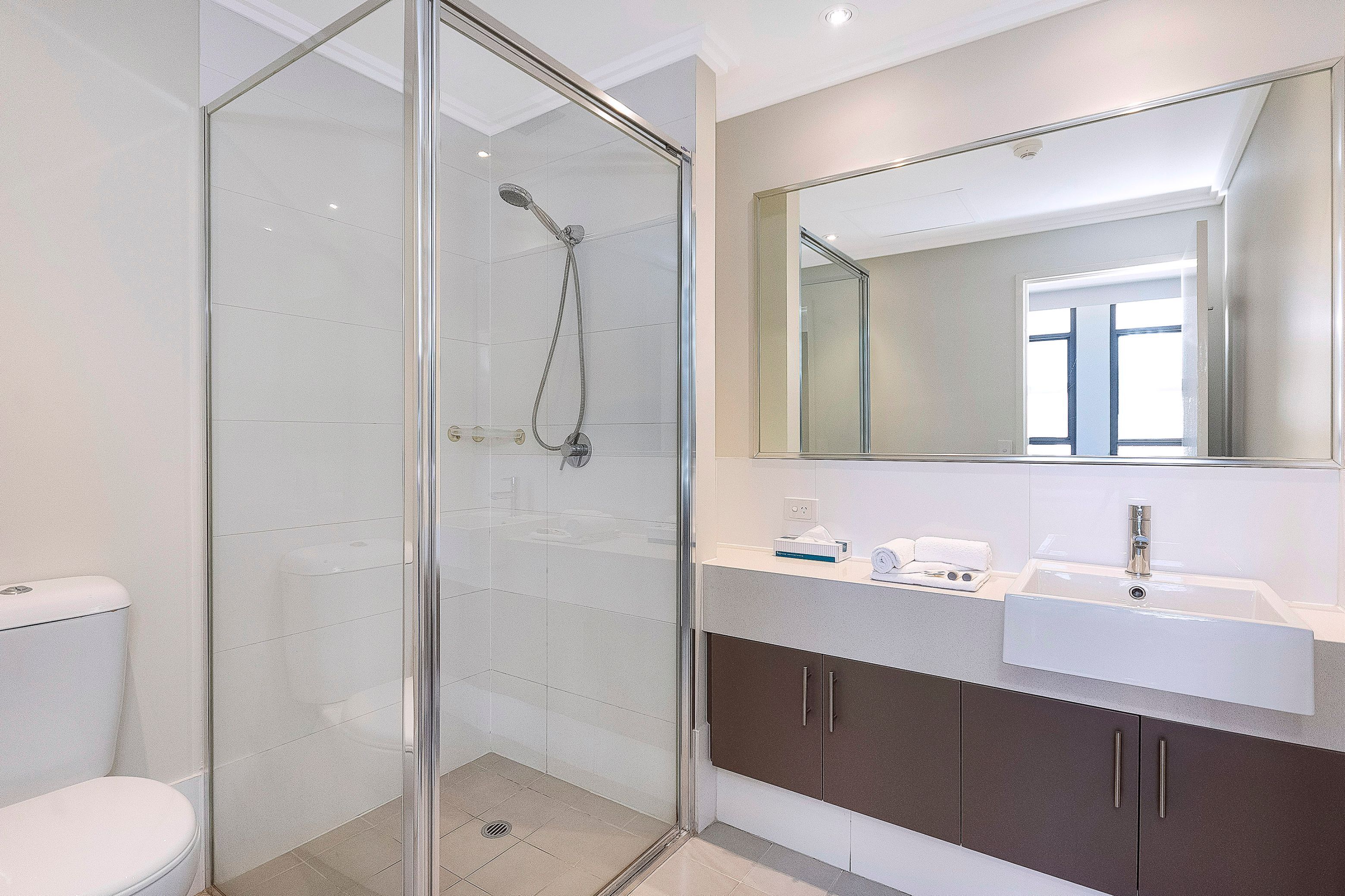 A modern bathroom with a glass shower enclosure, a white sink, and a large mirror.