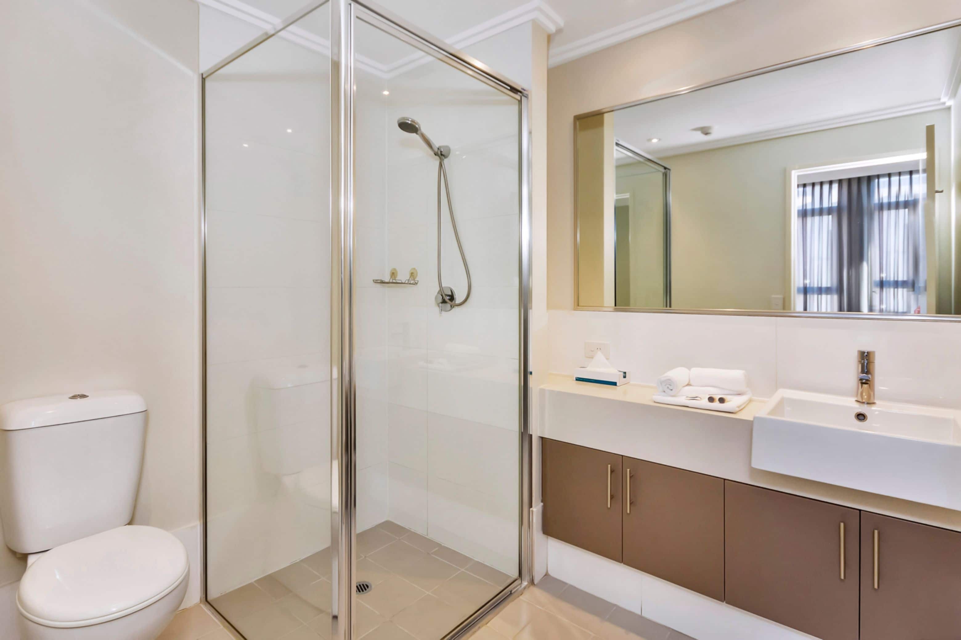 new haus room | bathroom | shower, designer toiletries, hair dryer, towels