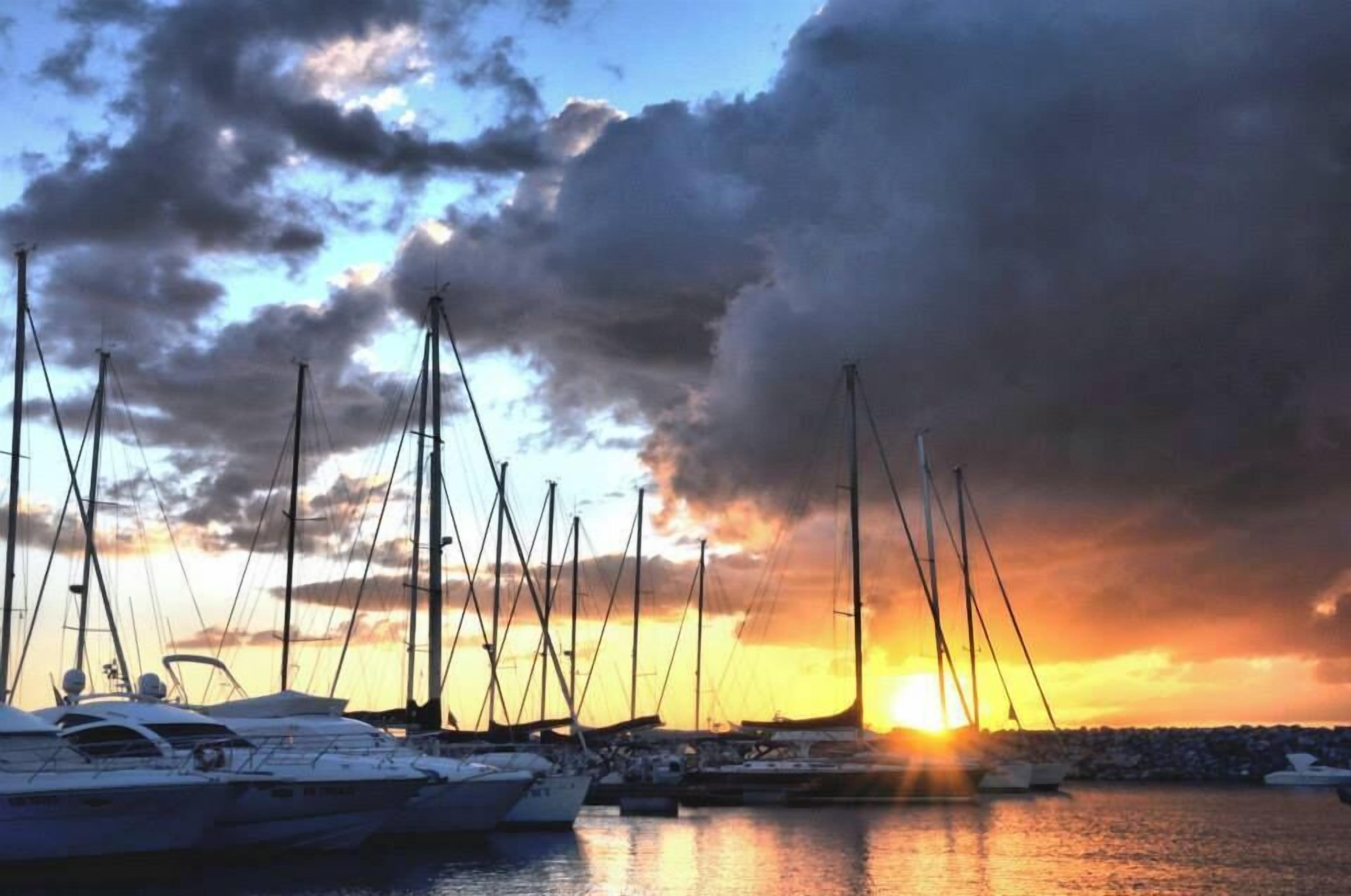 A marina with multiple sailboats docked during sunset.