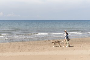 In Strandnähe, weißer Sandstrand, Sonnenschirme, Strandtücher