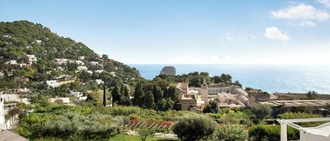 Un pueblo costero con casas escalonadas, un jardín con plantas en macetas y vistas al mar.