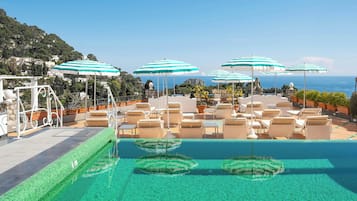 Seasonal outdoor pool, pool umbrellas, sun loungers