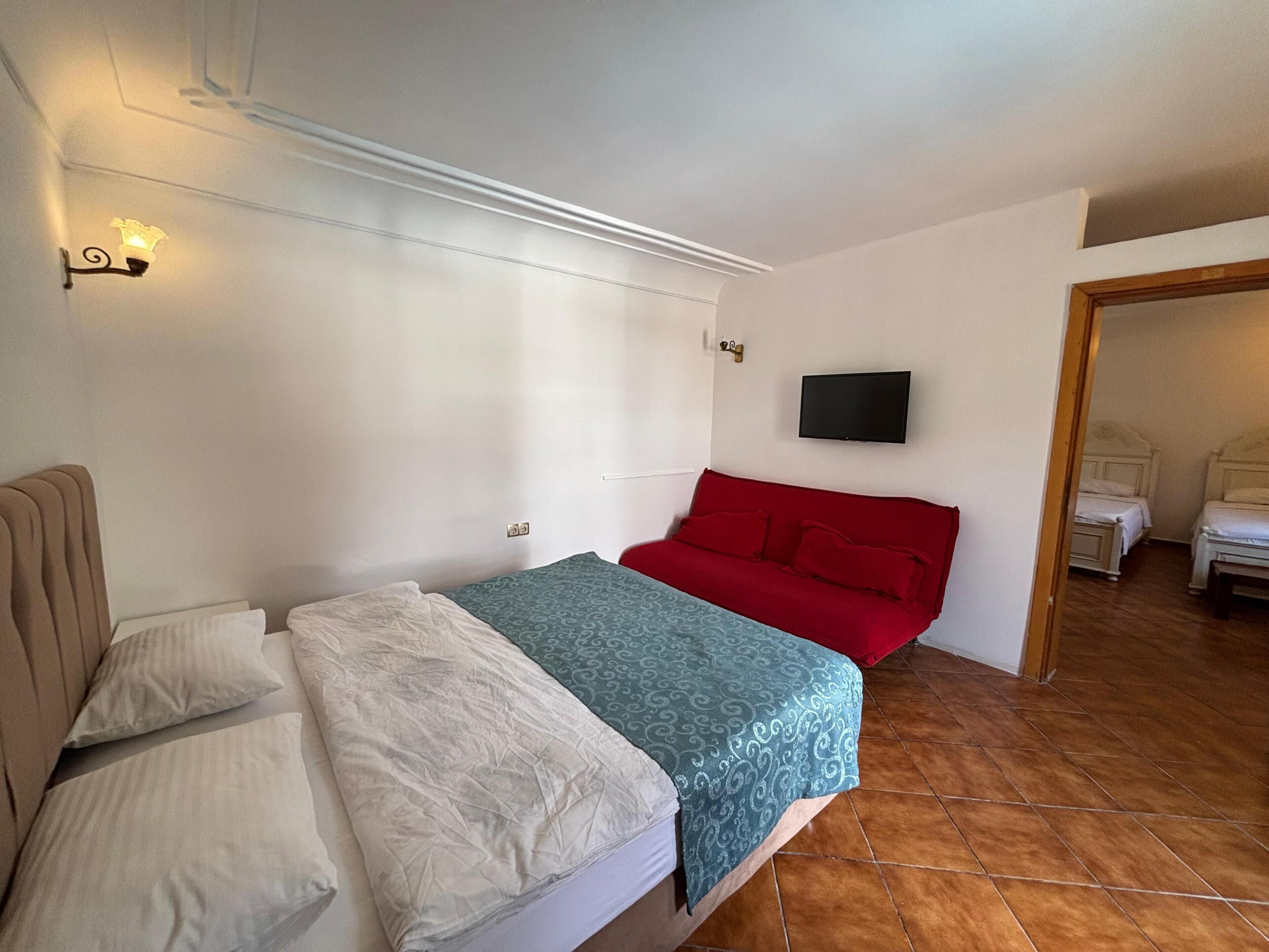 A bedroom with a bed, a red sofa, a television, and a wooden door leading to another room.
