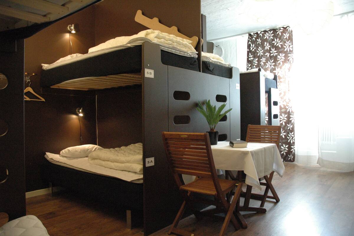 A bunk bed room with a table and chairs, a potted plant, and a window with curtains.