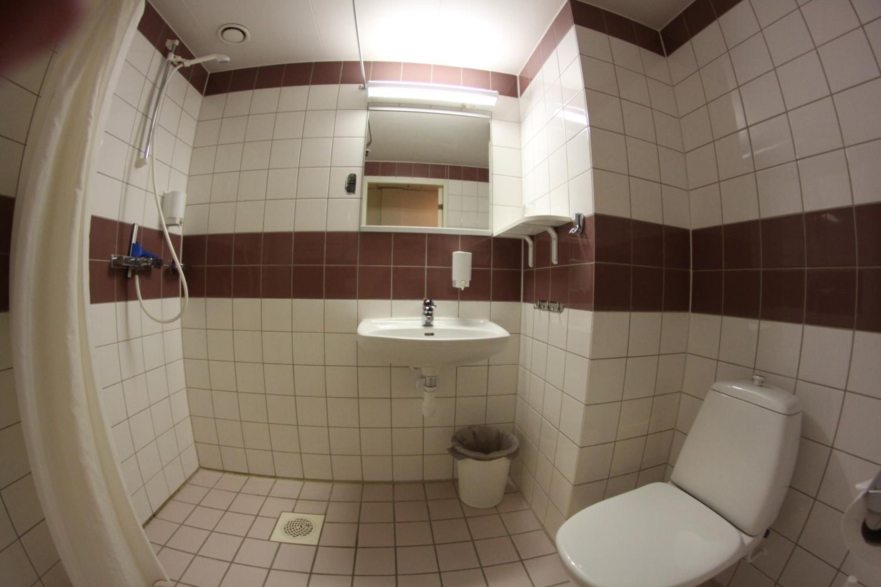 Een badkamer met douche, wastafel, toilet en een prullenbak.