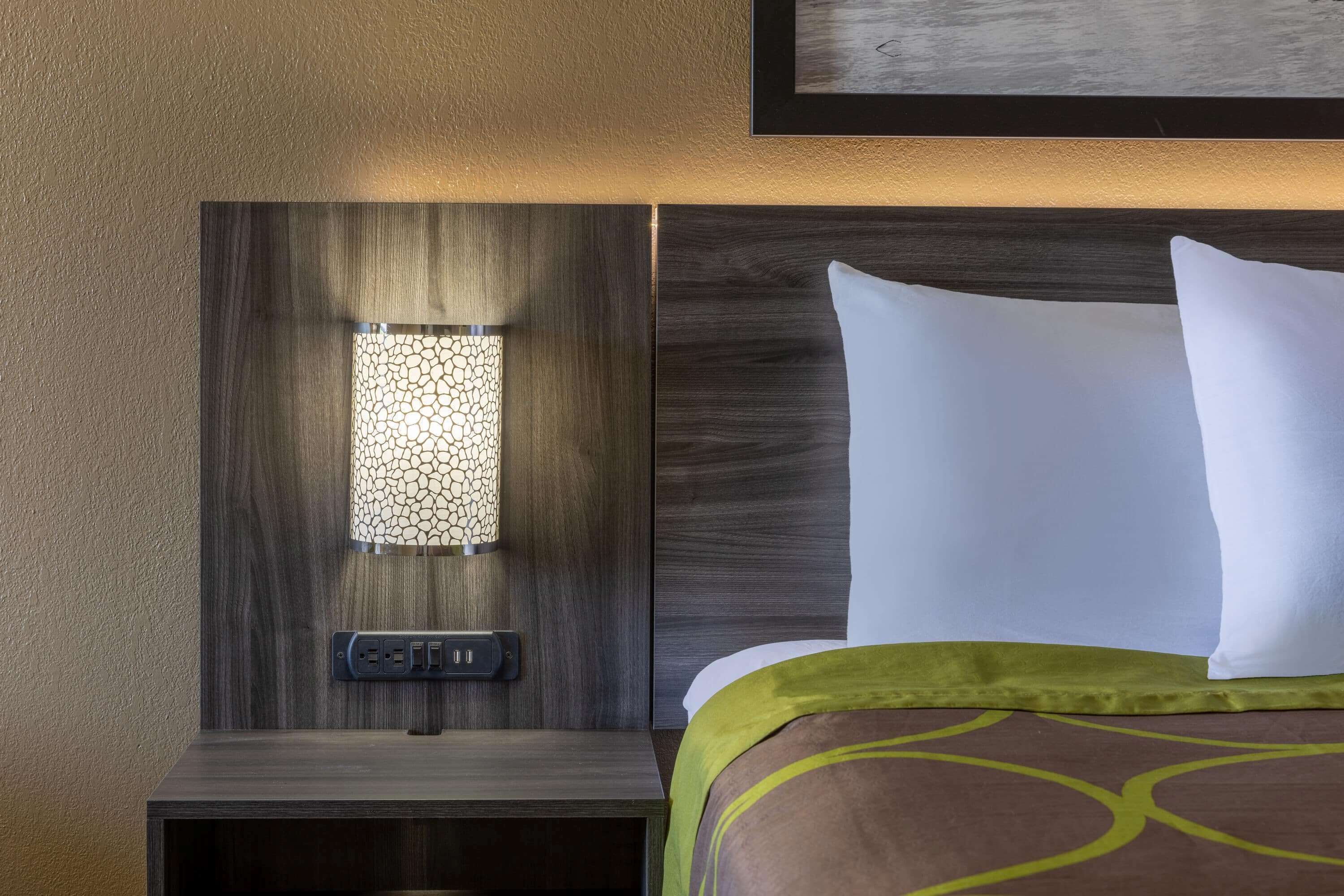 Une chambre d’hôtel avec une tête de lit en bois, une table de chevet dotée d’une prise électrique et une couvre-lit à motifs verts et bruns.