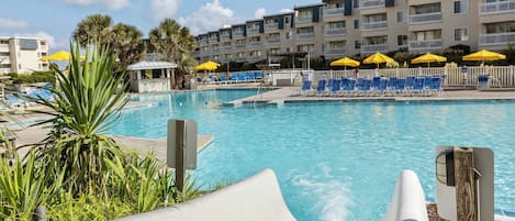 Indoor pool, seasonal outdoor pool, pool umbrellas, pool loungers