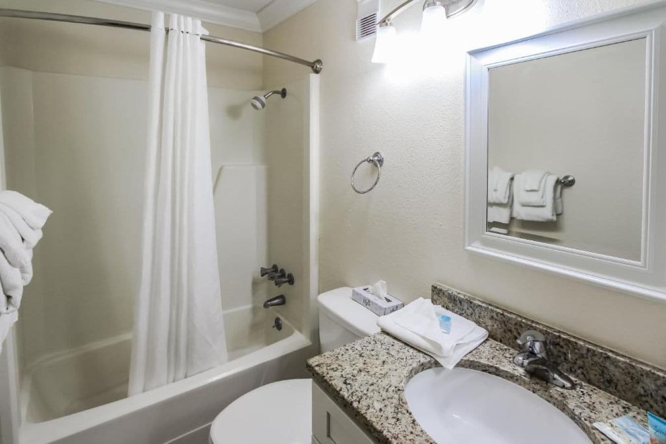 Une salle de bain équipée d’une douche, de toilettes, d’un lavabo et d’un miroir.