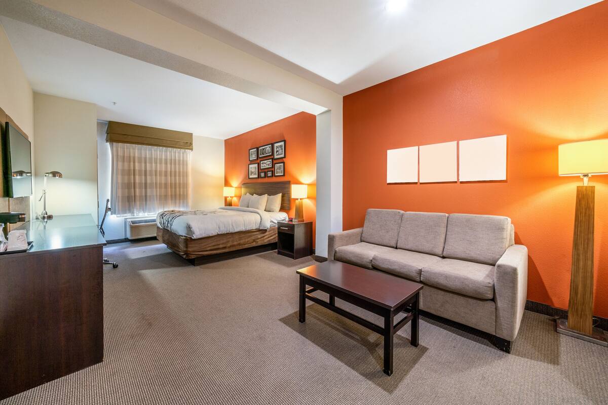 Une chambre d’hôtel avec un lit, un canapé, une table basse et un bureau.