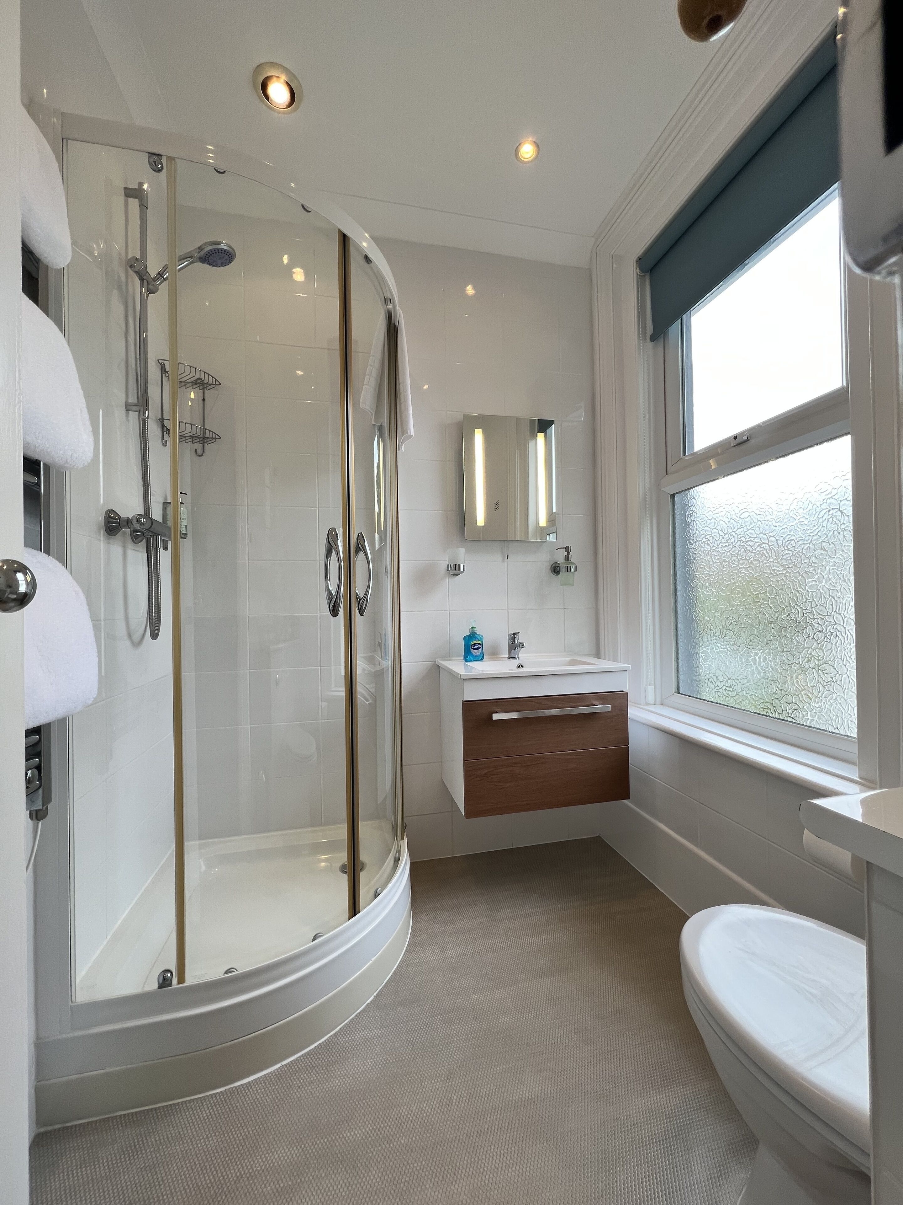 A modern bathroom with a glass-enclosed shower, a vanity with a mirror, and a toilet.