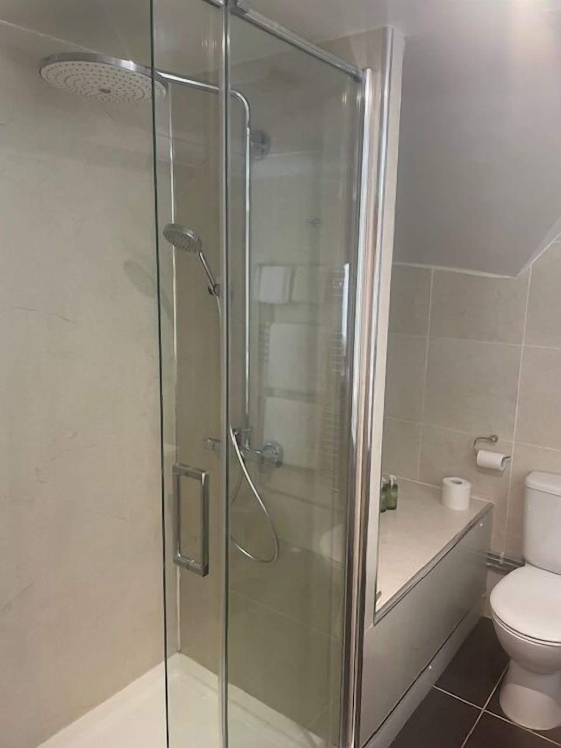 Een douche met glazen wand, een handdouche, toilet en een klein plankje met een rol toiletpapier.