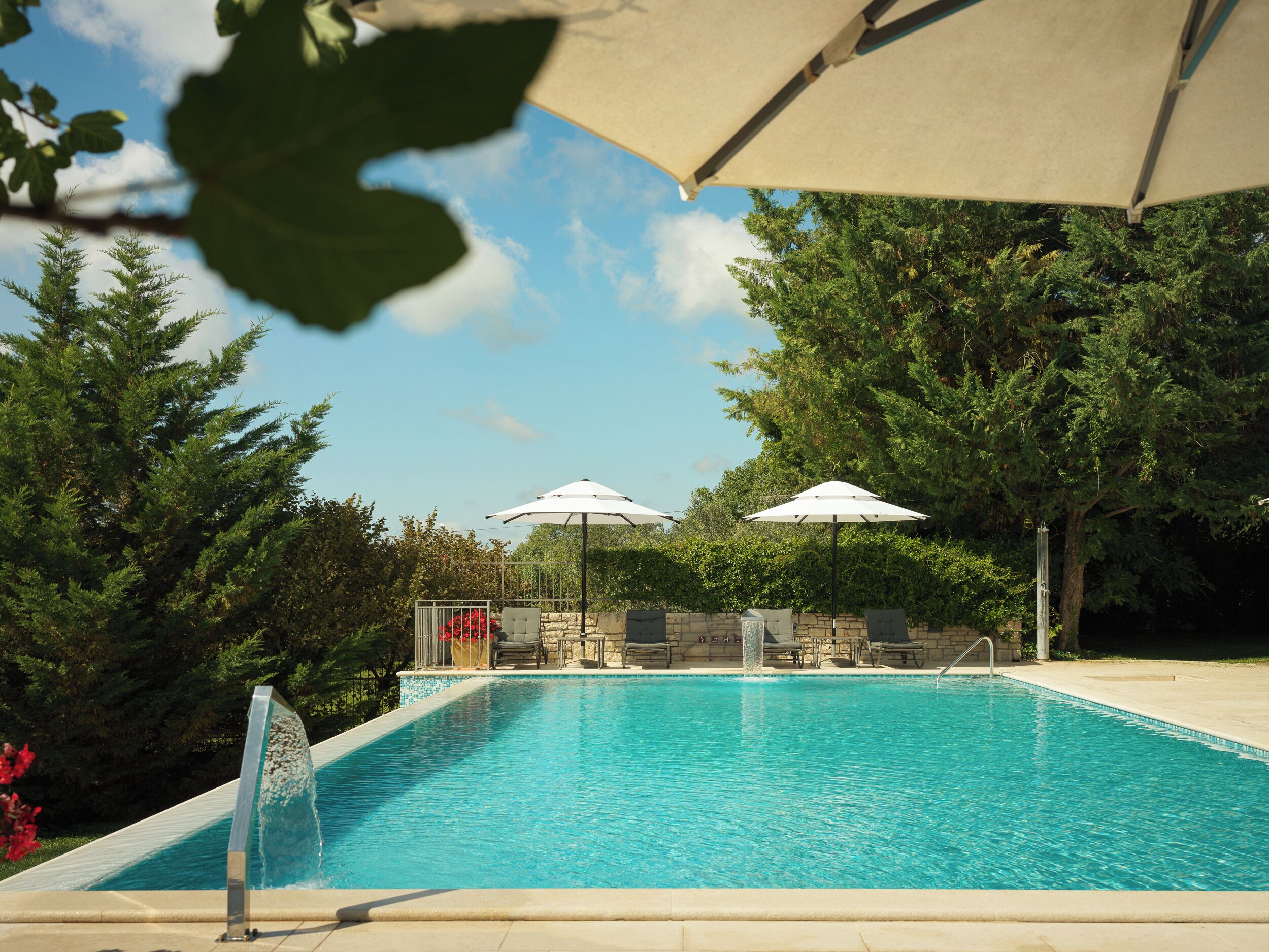 A swimming pool with a stone border, surrounded by trees and two umbrellas.