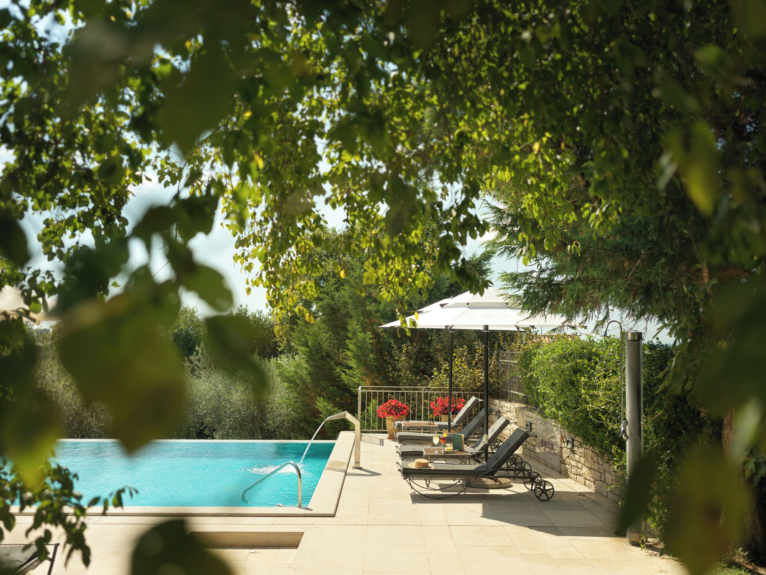 A swimming pool with lounge chairs and an umbrella, surrounded by greenery.