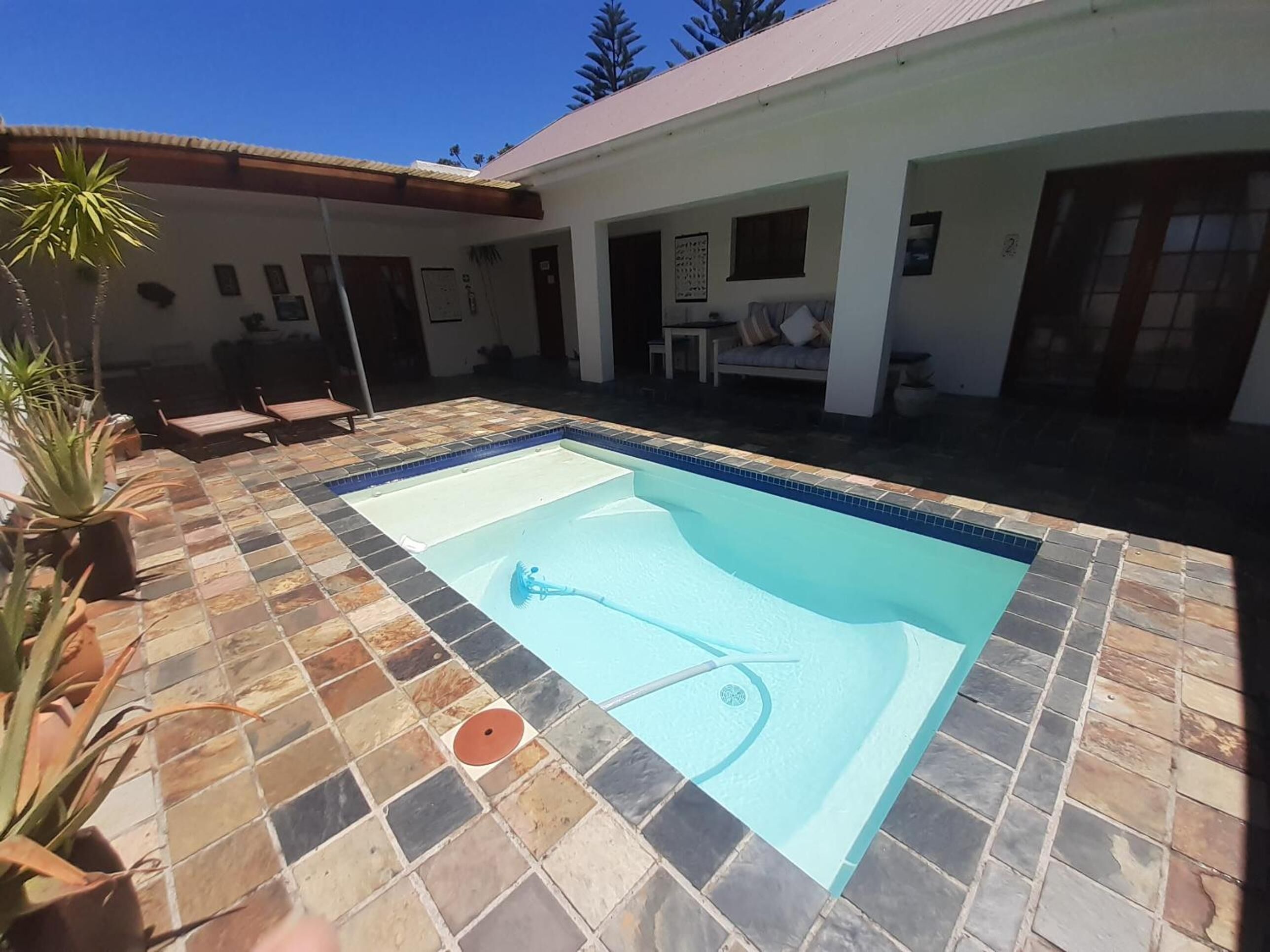 Piscine extérieure, chaises longues