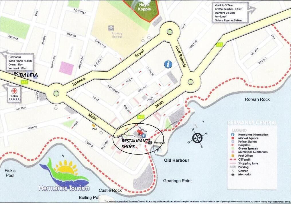 A map of Hermanus Central with marked locations like Hermanus Information, Markel Square, Police Station, and several others.