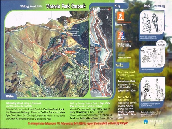 A map of walking tracks from Victoria Park Carpark, including routes to Summit Road, Bowenville, and views of Lyttelton Harbour. - Dyers House (Christchurch)