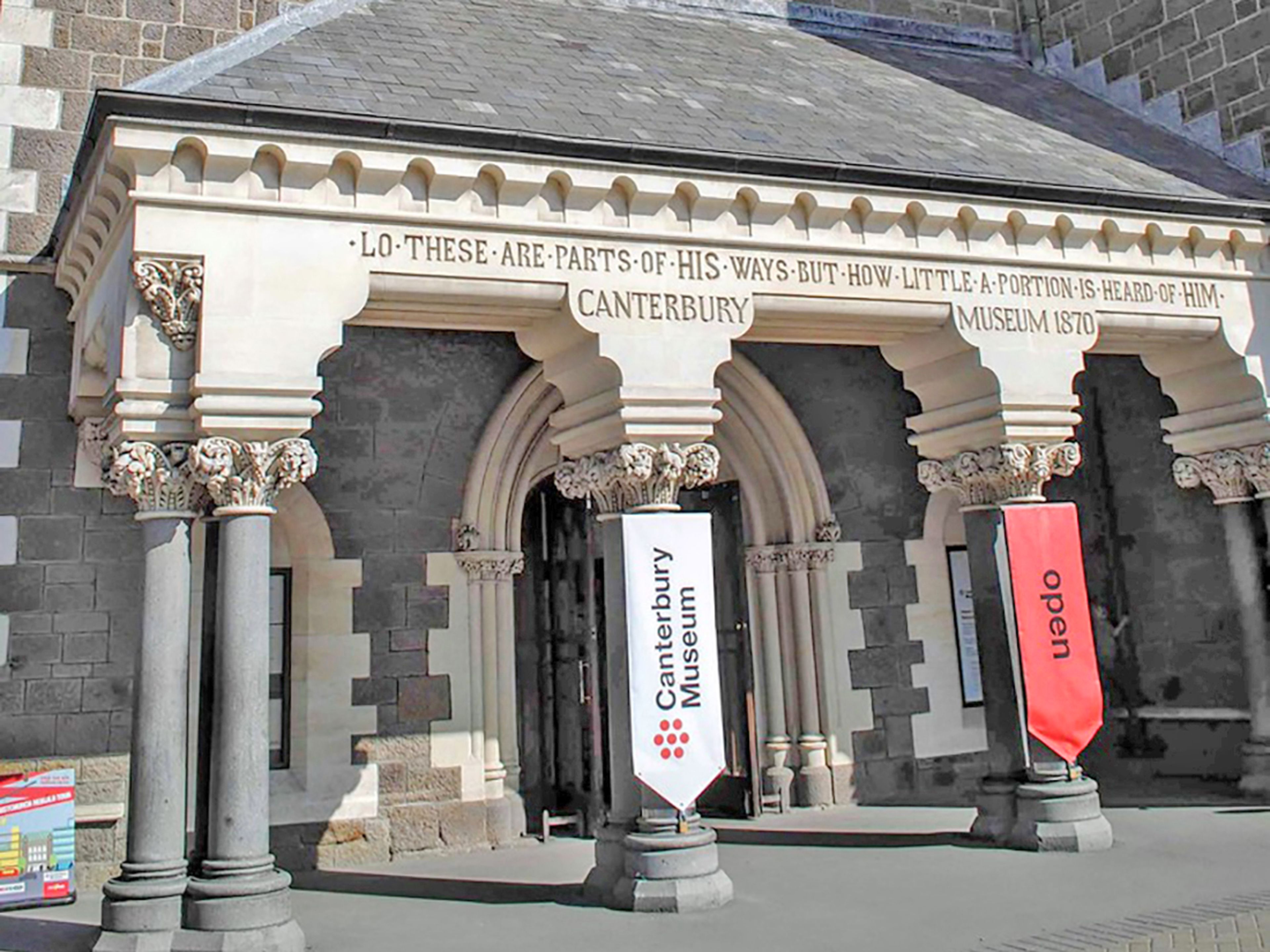 The entrance to the Canterbury Museum with classical architecture, including columns and arches.