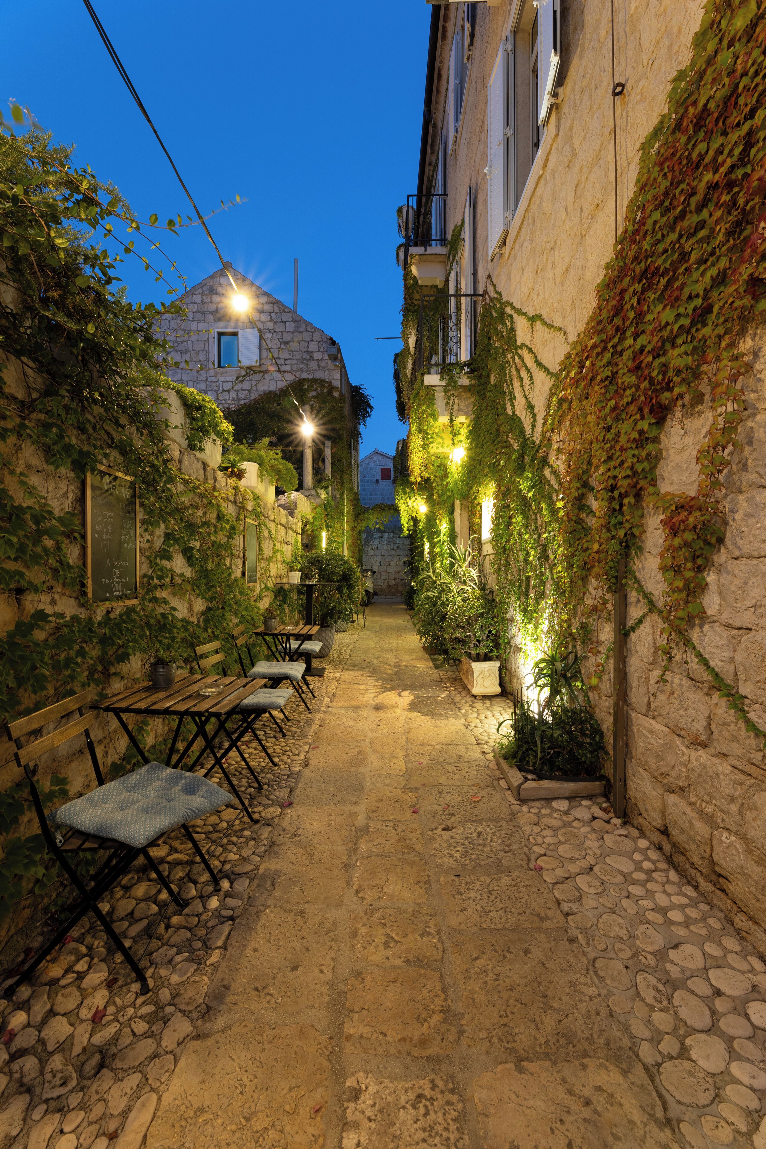 A narrow stone-paved alley with benches and potted plants, flanked by buildings with ivy-covered walls and outdoor lighting.