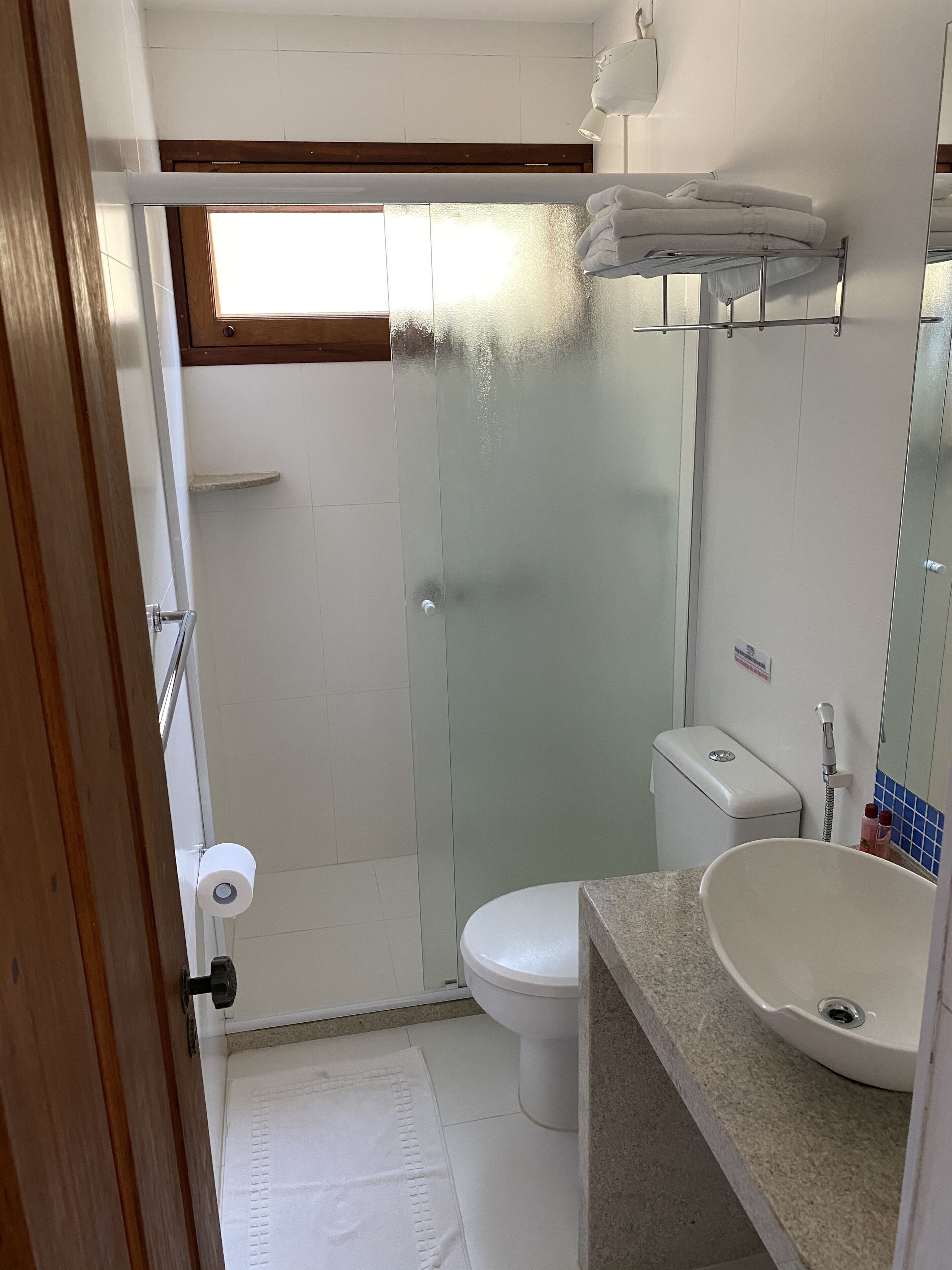 A bathroom with a glass-enclosed shower, a toilet, a sink, and a towel rack.