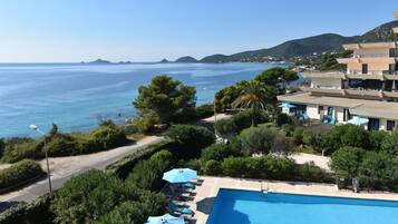 Seasonal outdoor pool, open 8:00 AM to 8:00 PM, pool umbrellas