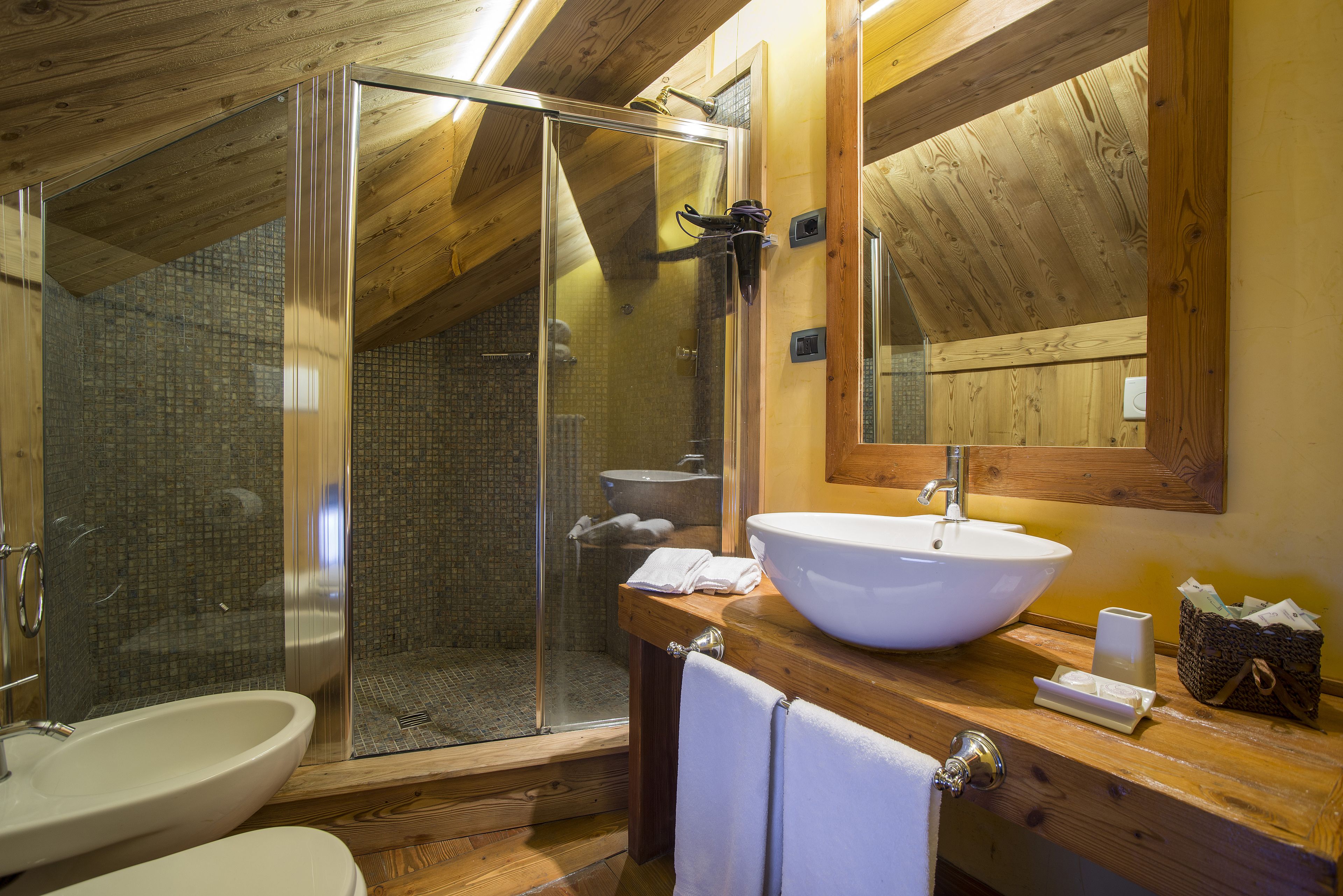 double room | bathroom | shower, rainfall showerhead, hair dryer, bidet